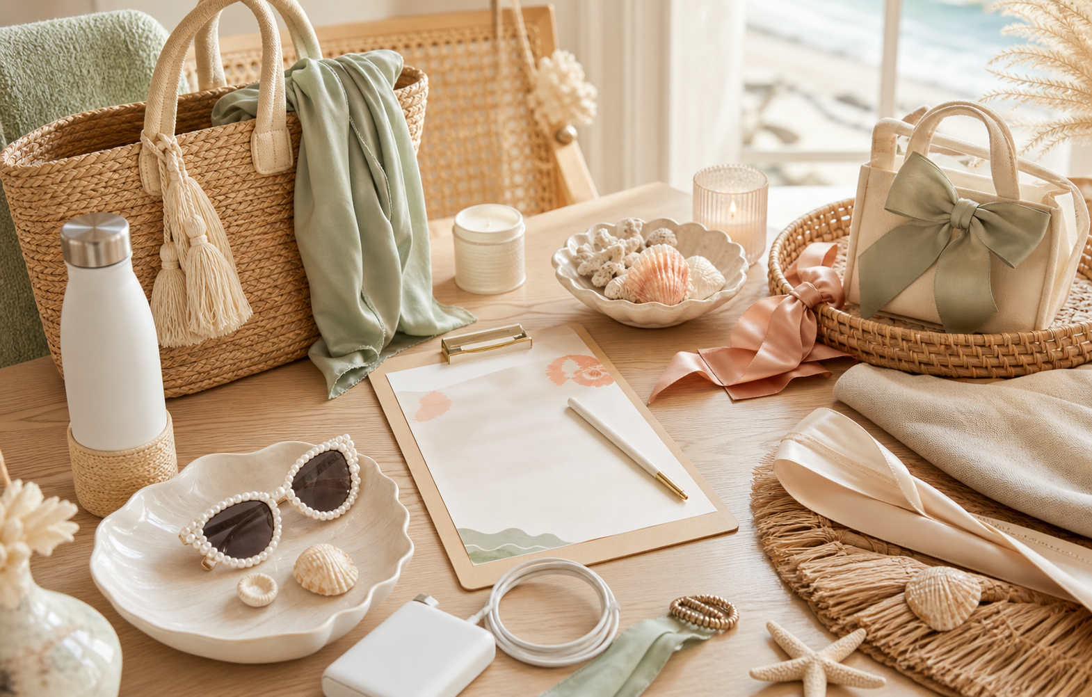 Coastal bachelorette planning supplies on a warm neutral table