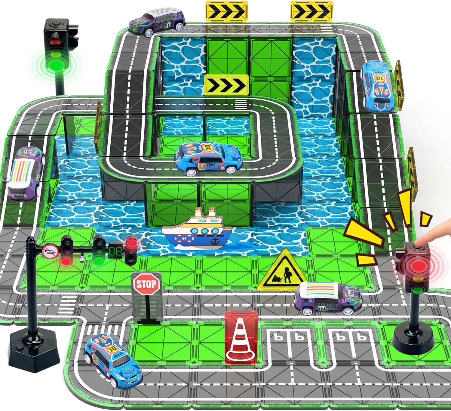 Magnetic road tile set with pullback cars